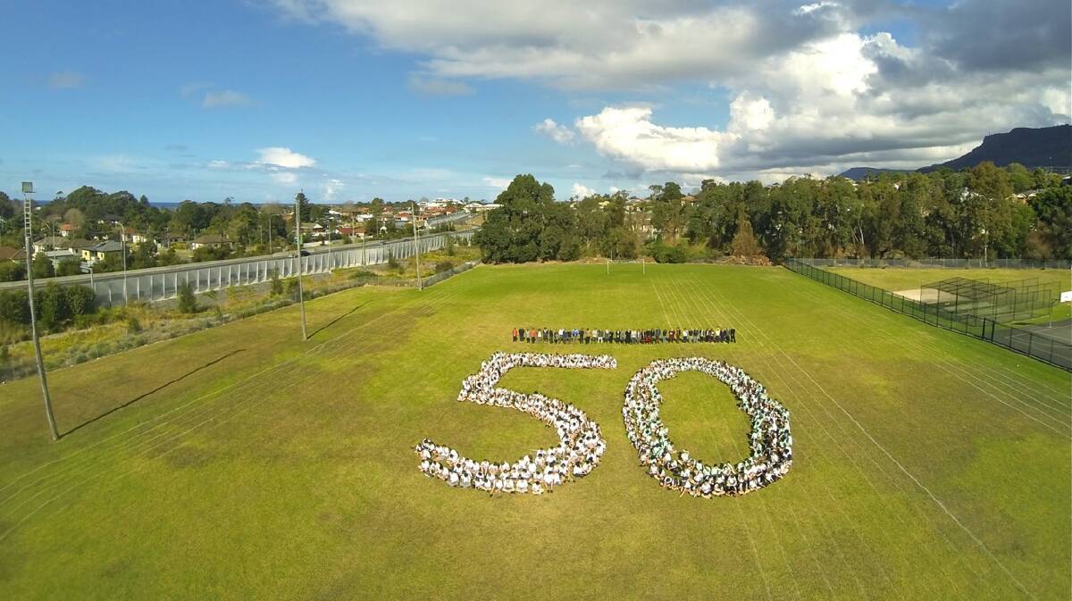 Students of Woonona High celebrated the school’s 50th anniversary by gathering on the oval. Picture: supplied