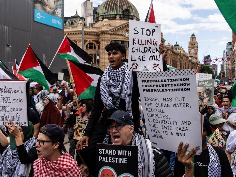 People at a pro-Palestine rally in Melbourne chanted "end the occupation, lift the siege". (Diego Fedele/AAP PHOTOS)