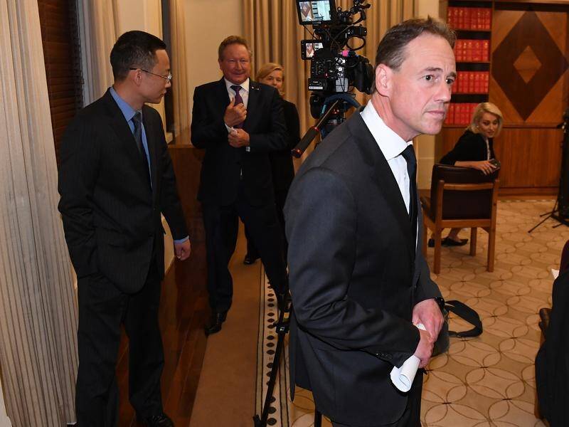 Minister Greg Hunt leaves a press conference with the Chinese consul-general and Twiggy Forrest.