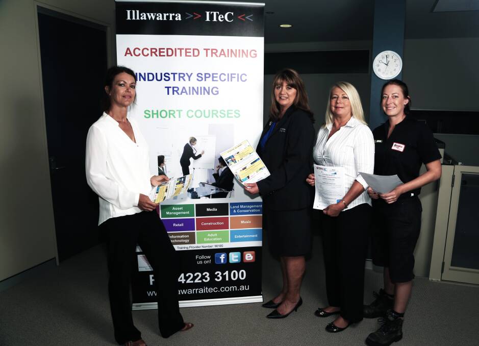 Working together: South Coast Women In Building founder Maxine Wiseman (second from right), with Sue Wilson, of Lifestyle Aluminium (left), Virginia Wren, of Illawarra ITeC (second from left) and Di Buttenshaw, of DiSign. Picture: GREG ELLIS