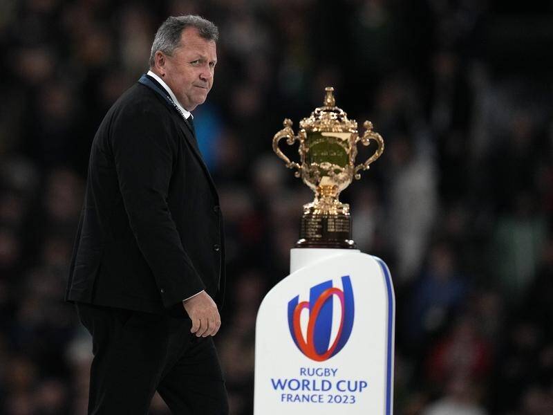 What could have been: departing All Blacks coach Ian Foster eyes the Webb Ellis trophy in Paris. (AP PHOTO)