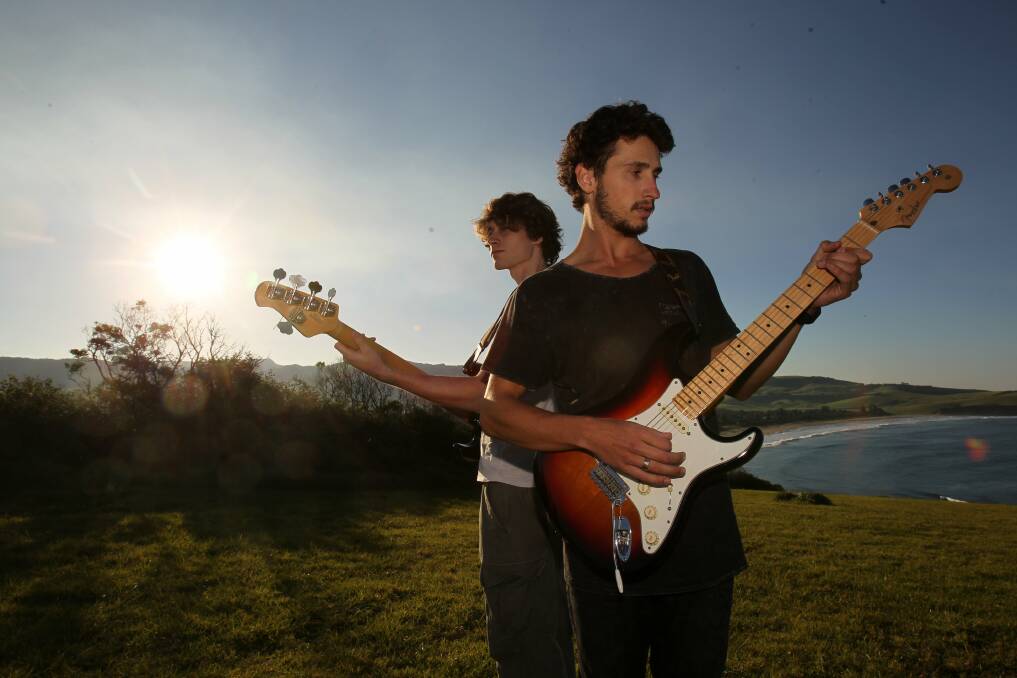Jack Rose with bass player Tom Masterson at Gerringong on Wednesday. They will be among those competing in heat four of the Original LP Band Comp on Thursday. Picture: GREG TOTMAN