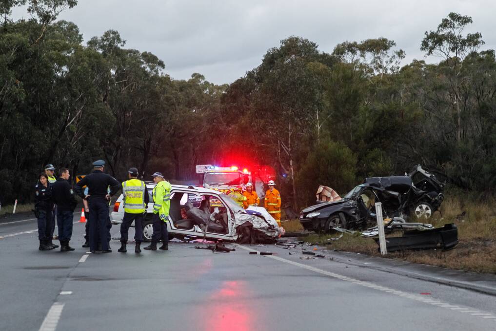 Tragic scene of the fatal collision on Appin Road which claimed the life of a 28-year-old woman on Tuesday afternoon. Picture: CHRISTOPHER CHAN