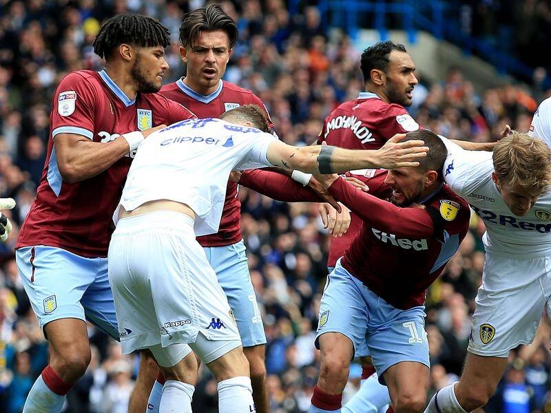 Leeds and Aston Villa players were involved in a huge melee after a controversial goal.