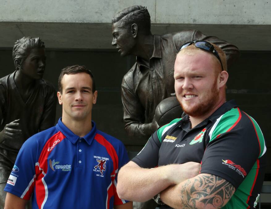 Wests' Brad Scott and Corrimal Cougar Mitchell Stokes. Picture: ROBERT PEET