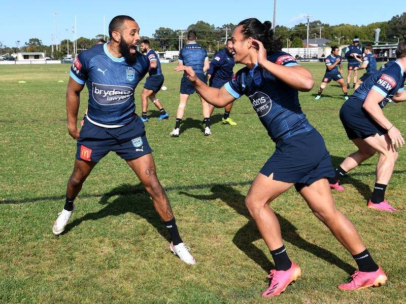 NSW Origin duo Josh Addo-Carr (l) and Jarome Luai during training at Ned Byrne Field in Kingscliff.
