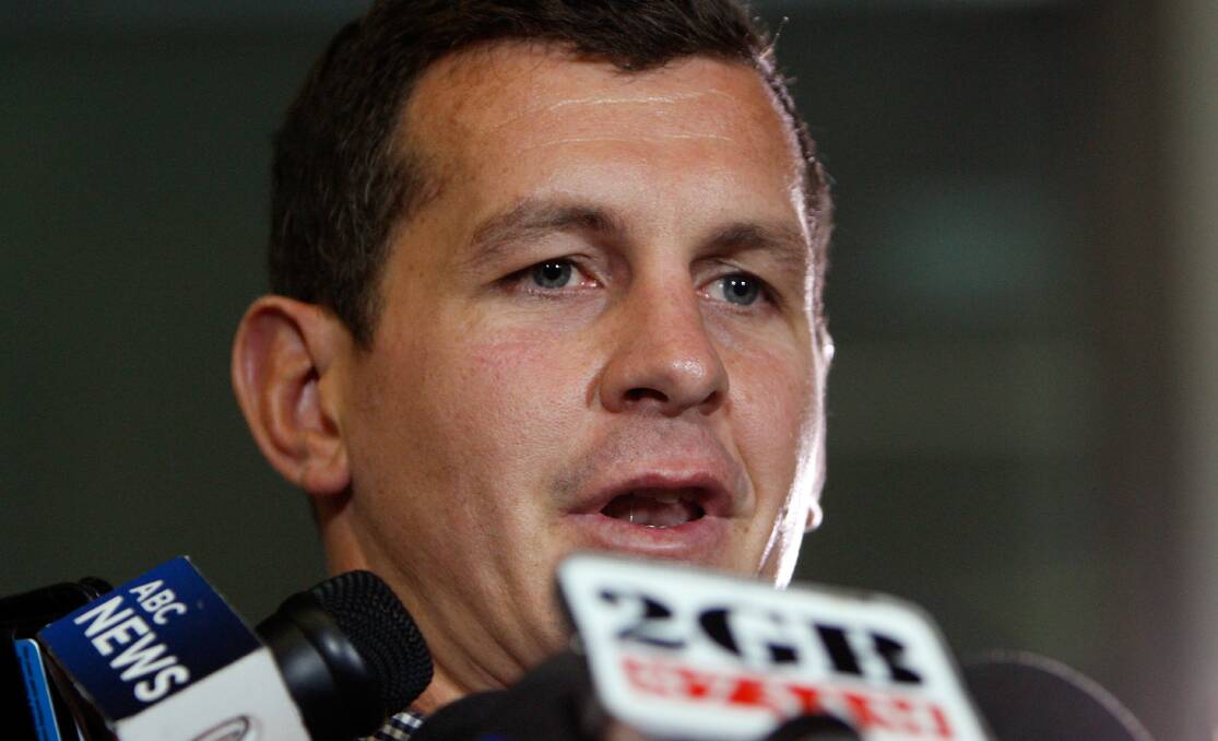 Greg Bird talks to the media in Sydney after the NRL judiciary agreed to downgrade his dangerous throw charge. Picture: GETTY IMAGES