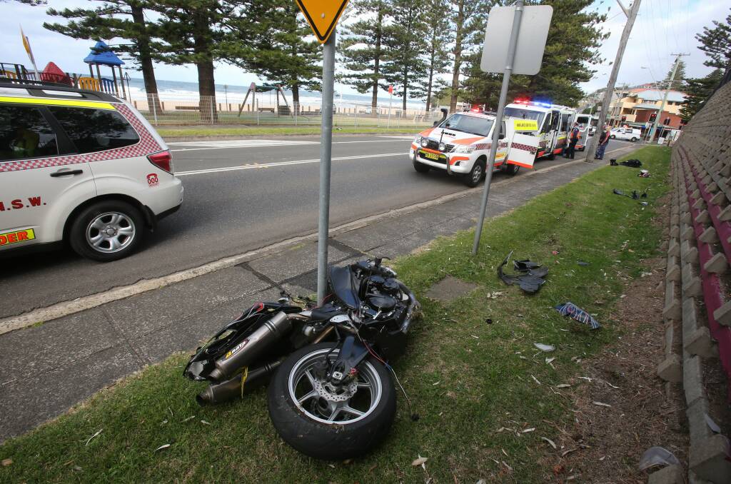 A motorcyclist is still being treated in hospital after crashing into a power pole on Lawrence Hargrave Drive on Saturday.
