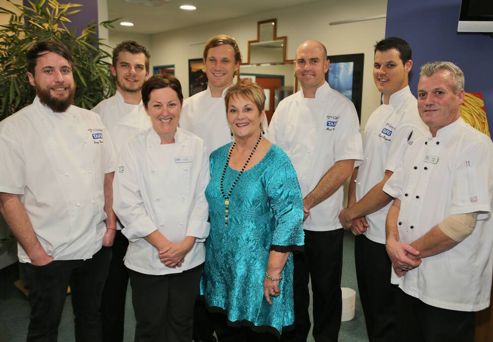 Chefs Doug Innes-Will, Sam Smith, Damien Martin, Paul Wilson and Daniel Fulginiti with teachers Greg King (back row), and Joan McRae and Di Laver (front row) at Destiny's Restaurant. Picture: GREG ELLIS