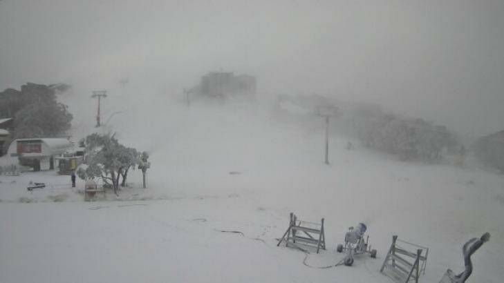 A snow cam view of Bourke Street, Mount Buller, just after 8am on Monday.