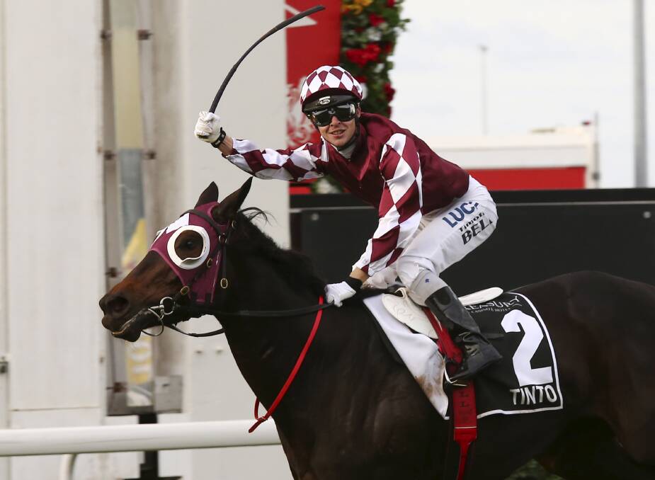 Tim Bell and Tinto win the Group 1 Queensland Oaks at Eagle Farm on Saturday. Picture: TERTIUS PICKARD