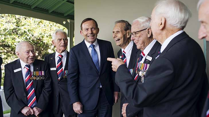 Bound for France: Prime Minister Tony Abbott meets D-Day airmen at Kirribilli House. Photo: James Brickwood