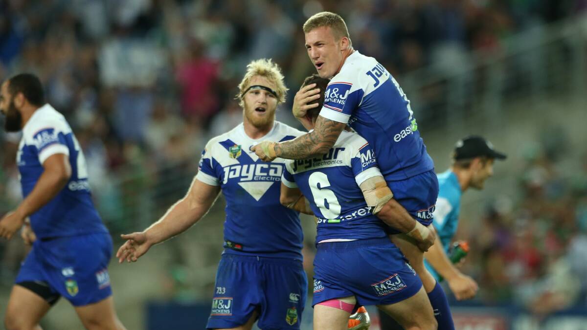 Trent Hodkinson of the Bulldogs celebrates securing victory over the Rabbitohs.Picture: ANTHONY JOHNSON