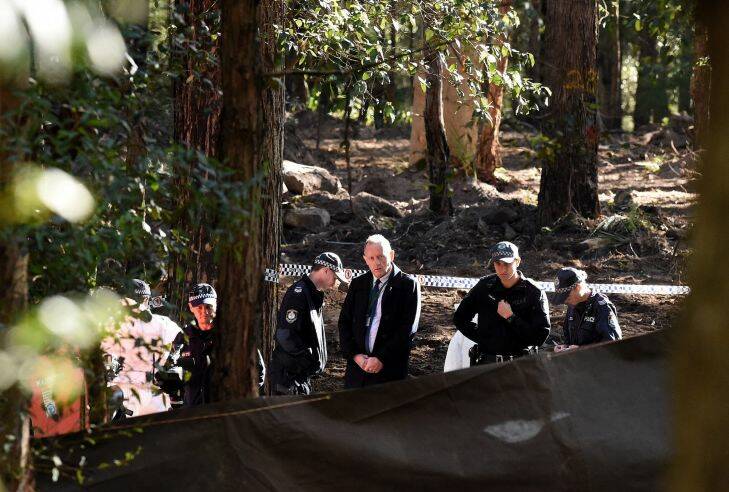 NSW police at the crime scene where human remains have been unearthed at the possible burial place of his son Matthew Leveson in the Royal National Park at Waterfall, NSW. 1st June, 2017. Picture: Kate Geraghty
