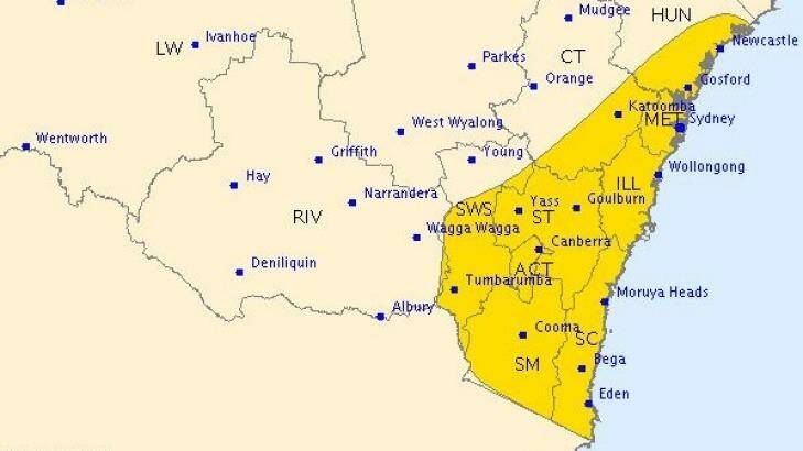 The Bureau of Meteorology's severe weather warning stretches from Victoria to Newcastle. Photo: Bureau of Meteorology