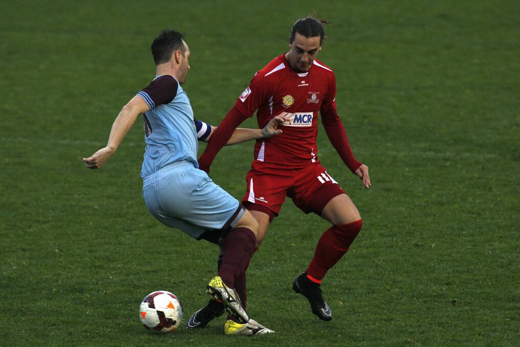 The Wolves’ Mitchell Del Turco, who opened the scoring at WIN stadium, battles for possession.  Picture: SYLVIA LIBER