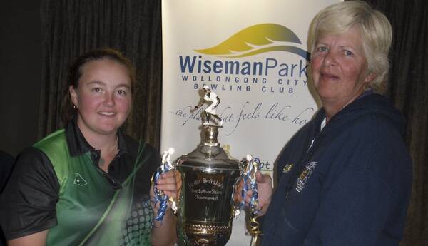 Dawn Hayman (left) and Mary Sheather with the trophy for winning the Jean Bartlett Master Pairs. Picture: SYLVIA LIBER