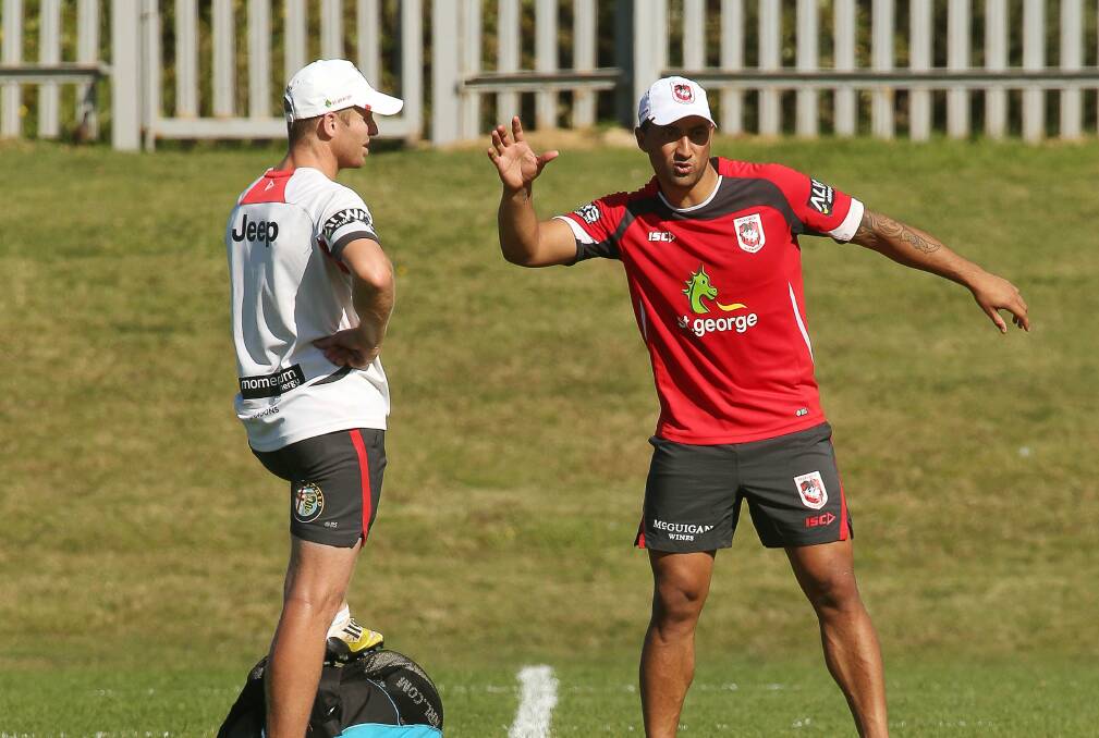 Benji Marshall and Ben Hornby after training at WIN Stadium in Wollongong. Picture: KIRK GILMOUR