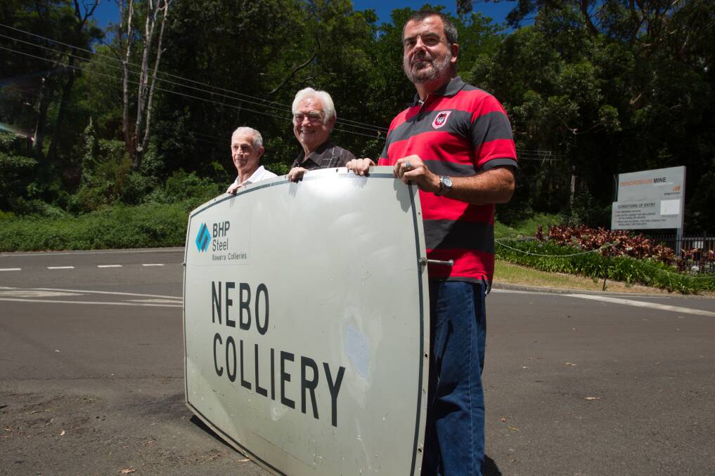 Ex-Nebo Colliery workers Bob Gaskill (left), Roy Gersbach and Mark Ryman outside Dendrobium mine, Mt Kembla. They are planning to hold a reunion of Nebo staff. Picture: CHRISTOPHER CHAN
