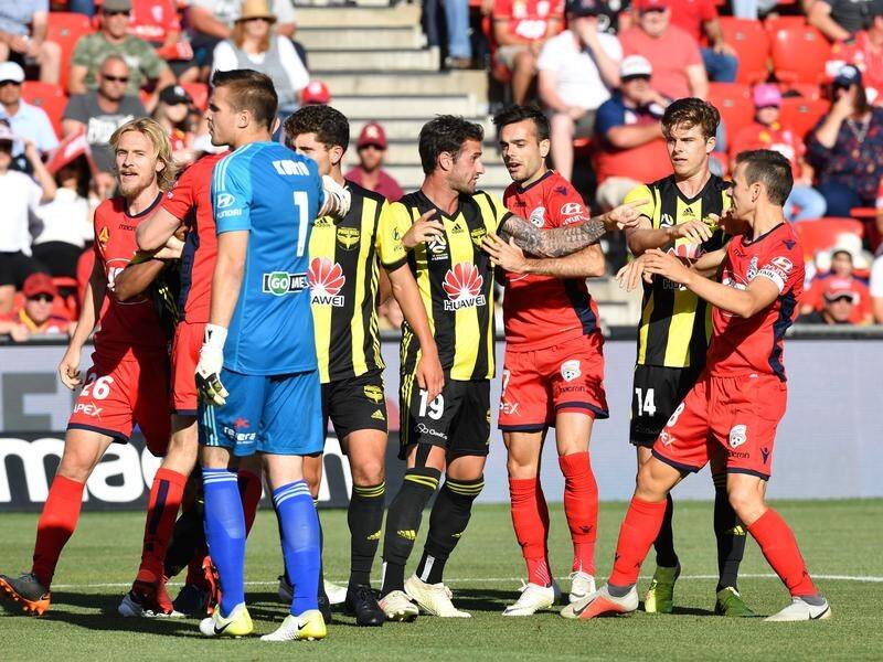 Players scuffle after an incident involving Wellington's Mandi in the match against Adelaide.