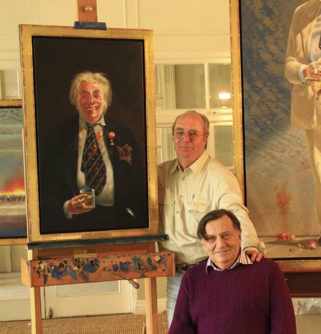 Tim Storrier with Barry Humphries and the portrait of Sir Les Patterson, which he entered for the 2014 Archibald Prize.