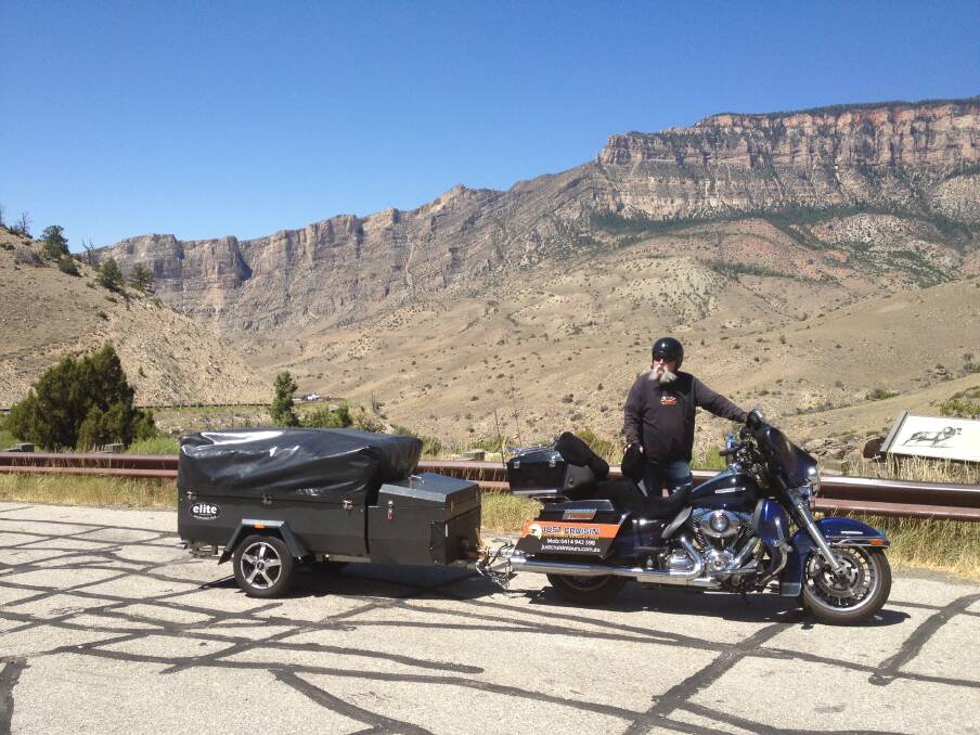 Biker heaven: Steve Melchior and Shelley Daniew shared a bike and camper trailer together for six weeks to mix business with pleasure and market the Helensburgh-developed motorcycle product in North America.