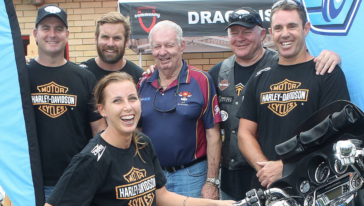 Jack Elsegood, Josh Perry, Graeme Langlands, Ian Schubert, Brad Fittler and Sam Hammond stop in Corrimal as part of the Hogs for Homeless ride. Picture: GREG TOTMAN