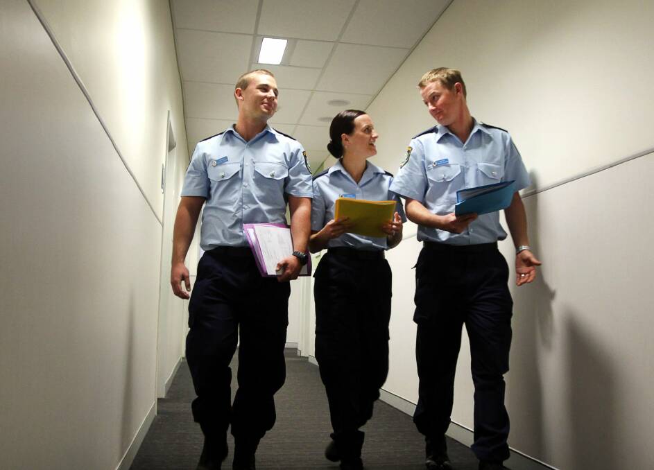 Police recruits Steven Uglow, Ariann Fernie and Timothy Allman set off on their new career.Picture: SYLVIA LIBER