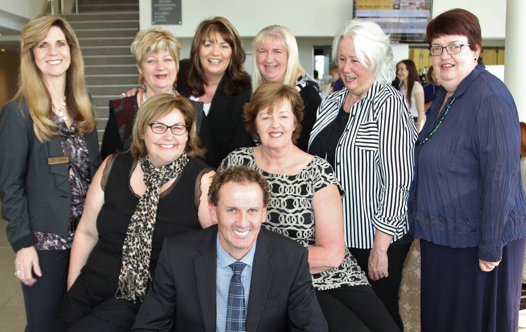 Terry Widdicombe with some of the leading Illawarra businesswomen at the Illawarra Women in Business Coffee Club on Friday. Back row: Maralyn Young, Wendi Leigh, Virginia Wren, Debbie Reali, Carol King and Margaret Biggs. Middle row: Delyse Del Turco and Glenda Papac. Picture: GREG ELLIS