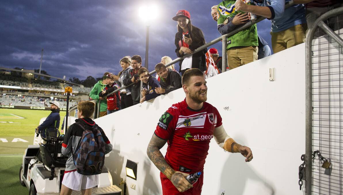 Josh Dugan leaves the field at Canberra after the late victory on Saturday night. Picture: JAY CRONAN