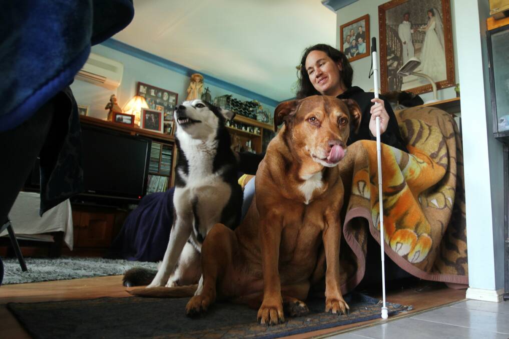 Australian Paralympic skier Melissa Perrine with her dogs, Suri and Sky. She will celebrate International White Cane Day on Wednesday. Picture: SYLVIA LIBER