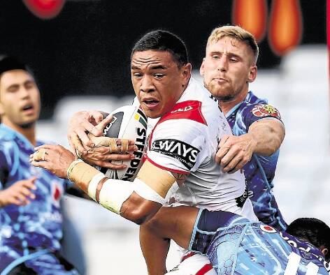 Dragons prop Tyson Frizell on the rampage against the Warriors. Picture: GETTY IMAGES