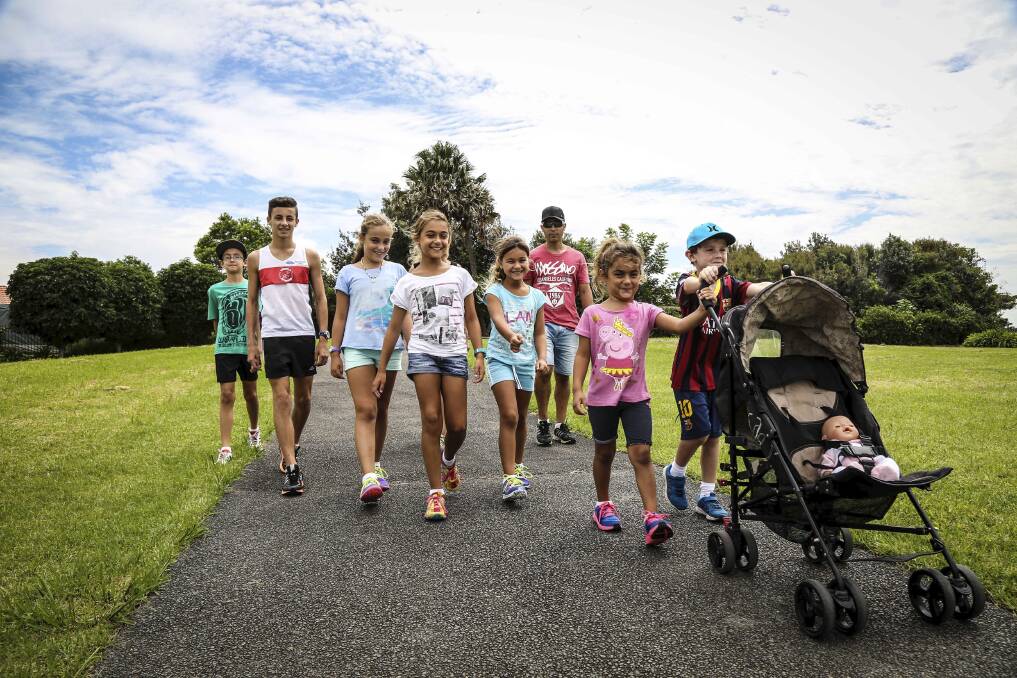 Cooper Markovic, Nathan Scollary, Imogen Dos Santos, Jynaya Dos Santos, Indiana Dos Santos, Mark Dos Santos, Kyani Dos Santos and Kaiden Markovic getting in some early practice for this weekend's Shell Cove Walk or Run for Fun. Picture: GEORGIA MATTS
