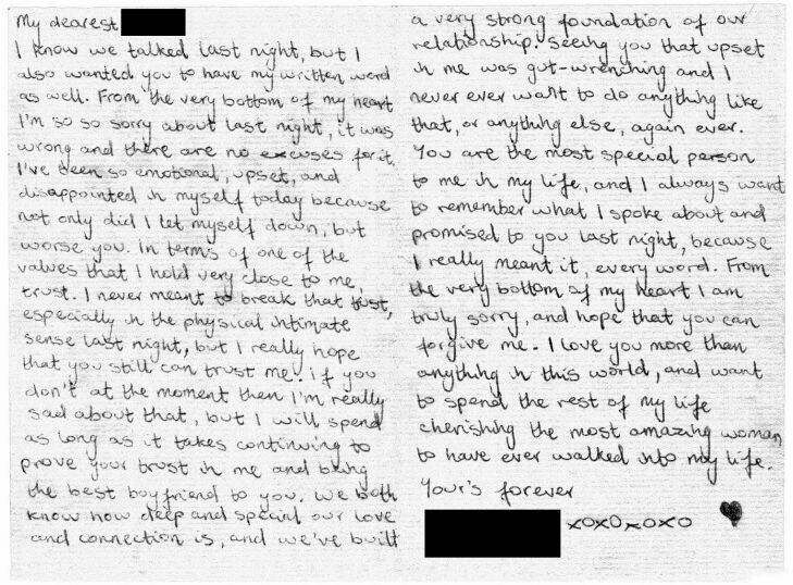For Miki Perkins story on Rape Victim.
"The card sent to rape victim "Lena", from her boyfriend after he allegedly raped her". 