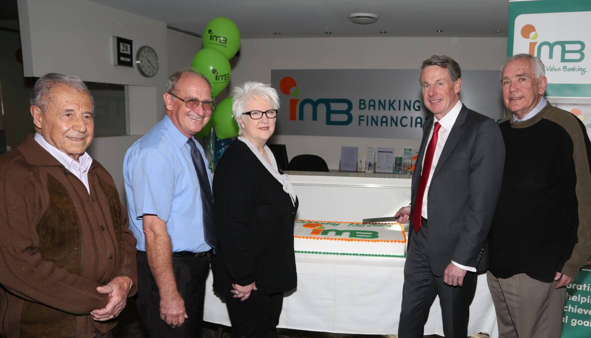 Percy Di Leva, Barry Bush, Dianne Mountford, Robert Ryan and Terry Rumble at the start of IMB’s 135th birthday celebrations on Tuesday. Picture: GREG ELLIS
