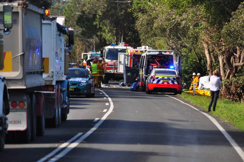 Emergency services at the accident scene on Bolong Road. Picture: SOUTH COAST REGISTER