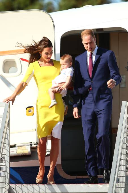 Prince William, Duke of Cambridge, Catherine, Duchess of Cambridge and Prince George of Cambridge arrive at Sydney Airport on Wednesday. Picture: GETTY IMAGES