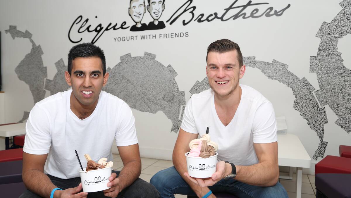 Goodness: Himi Perera and Nick Fabrio are offering free yoghurt for a donation to beyondblue mental health charity. Picture: GREG ELLIS
