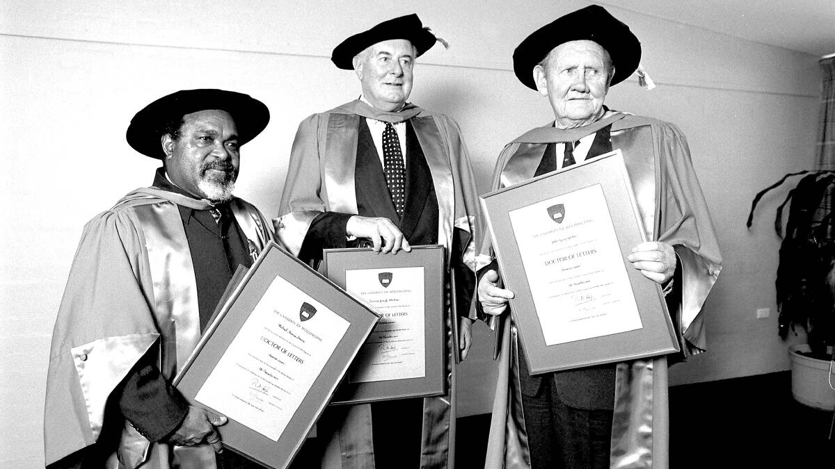  Sir John Gorton, Gough Whitlam and Michael Somare at the University of Wollongong  being awarded honorary doctorates on December 7, 1989. Picture: PAUL MATHEWS