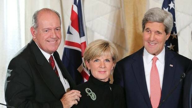 Defence Minister David Johnston and Foreign Minister Julie Bishop, with US Secretary of State John Kerry. Picture: BRENDAN ESPOSITO