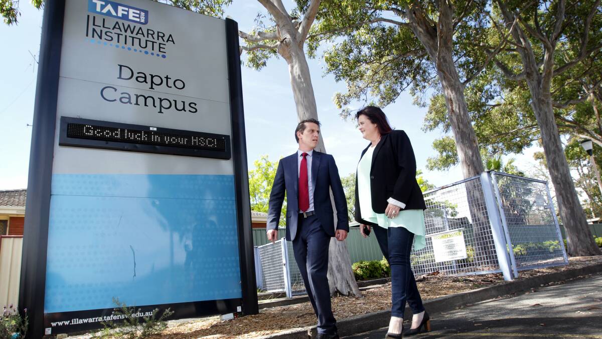 Keira MP Ryan Park with Shellharbour MP Anna Watson at the Dapto TAFE campus. Picture: SYLVIA LIBER