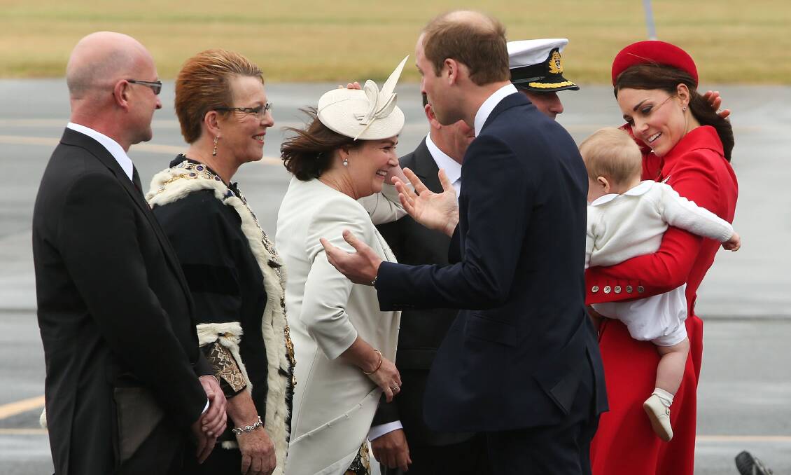 Prince William, Duke of Cambridge, speaks to Wellington Mayor Celia Wade-Brown while Catherine, Duchess of Cambridge and Prince George of Cambridge look on. Picture: GETTY IMAGES