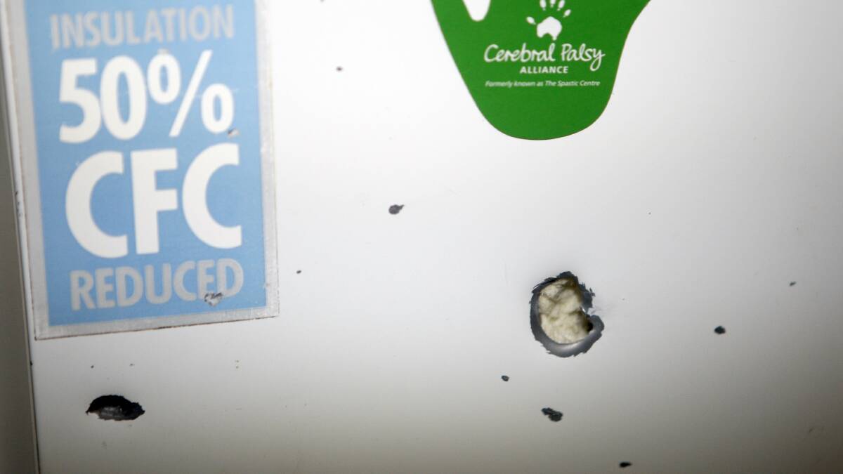 The bullet hole in the fridge of the Peterborough Avenue unit.