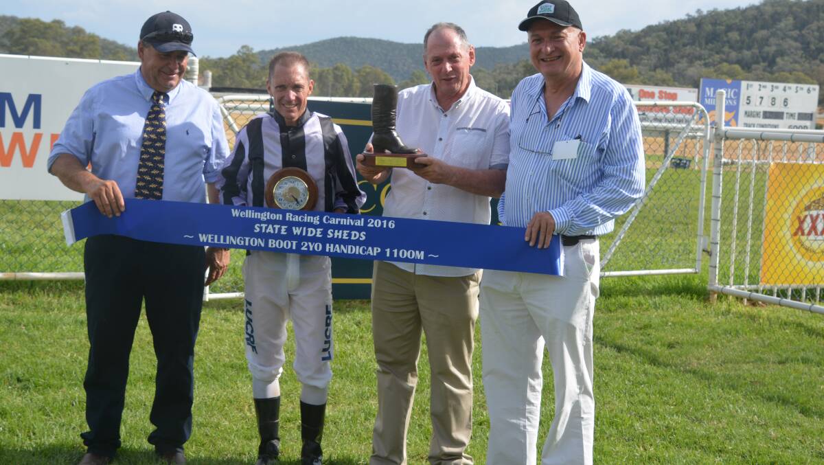 The connections at the presentation : Andrew Ferguson Wellington race club, jockey Greg Ryan, Steve Watts and Richard from State Wide Sheds