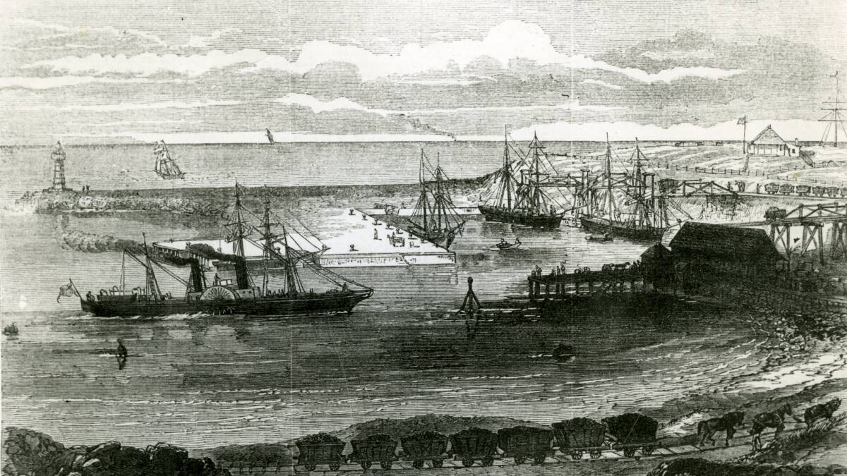 A sketch of Wollongong Harbour in 1873. On the right is the Illawarra Steam Navigational Company building and jetty. The ship in the centre is the SS Hunter. The service was called the ‘‘Pig and Whistle Run’’. Picture:  From the collections of WOLLONGONG CITY LIBRARY and ILLAWARRA HISTORICAL SOCIETY