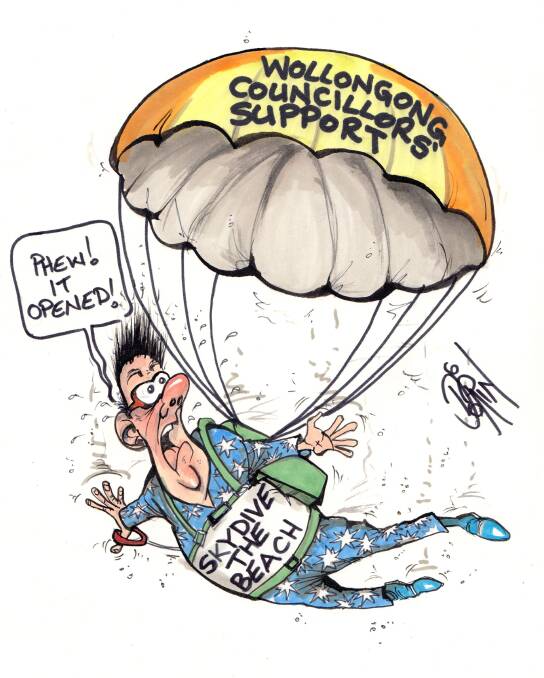 Skydive the Beach Wollongong City Council cartoon by Paul Dorin 