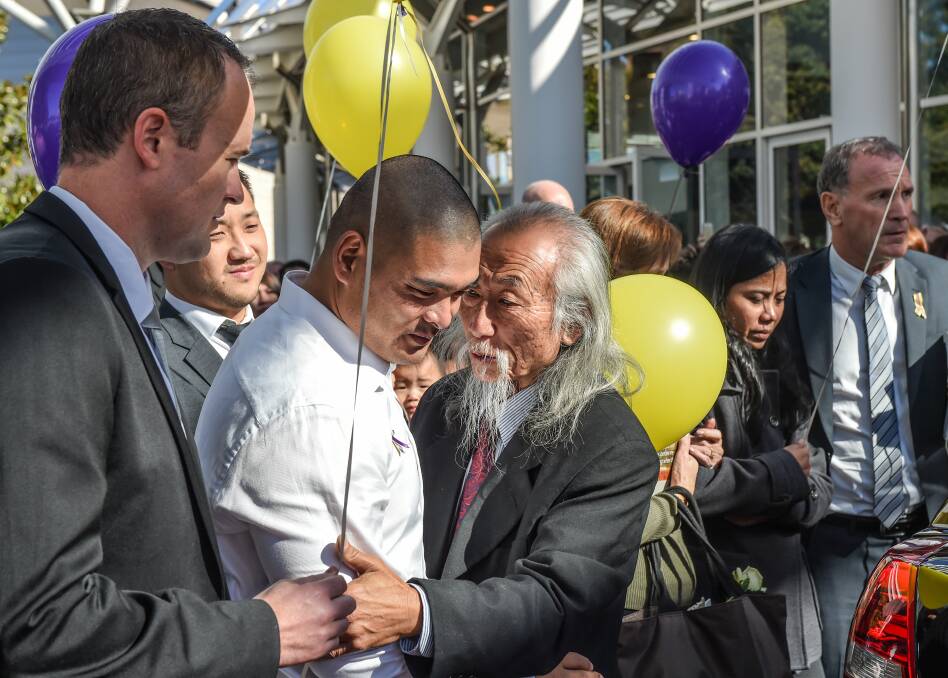 Michael Chan with Family and friends at the funeral service of Bali nine ringleader and drug smuggler Andrew Chan at Hillsong Church Sydney. Picture: BRENDAN ESPOSITO