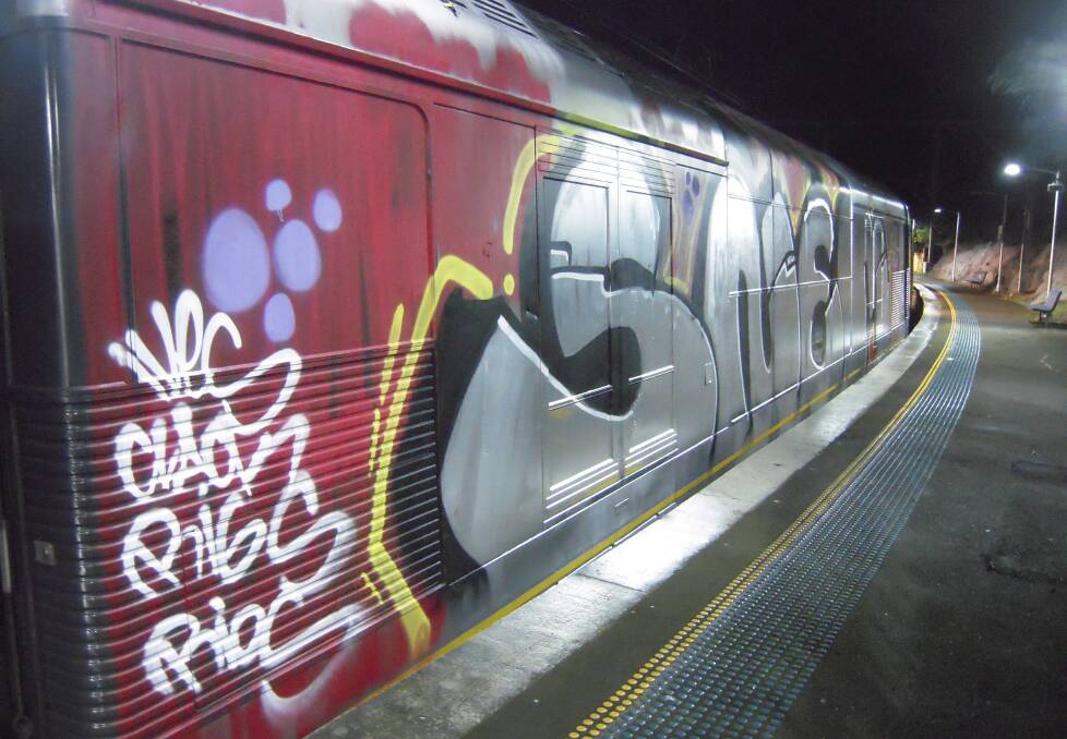 The vandalised train at Otford station. Police are asking anyone with information to contact Crime Stoppers on 1800 333 000.