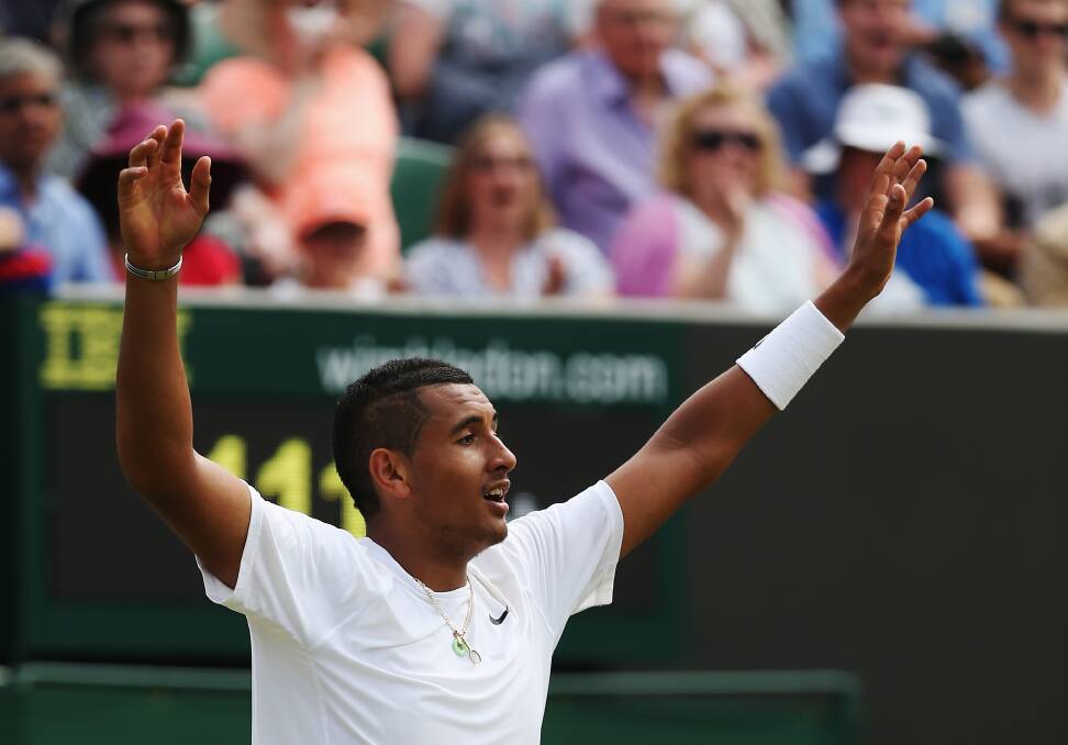 Nick Kyrgios celebrates after his latest win at Wimbledon. Picture: GETTY IMAGES