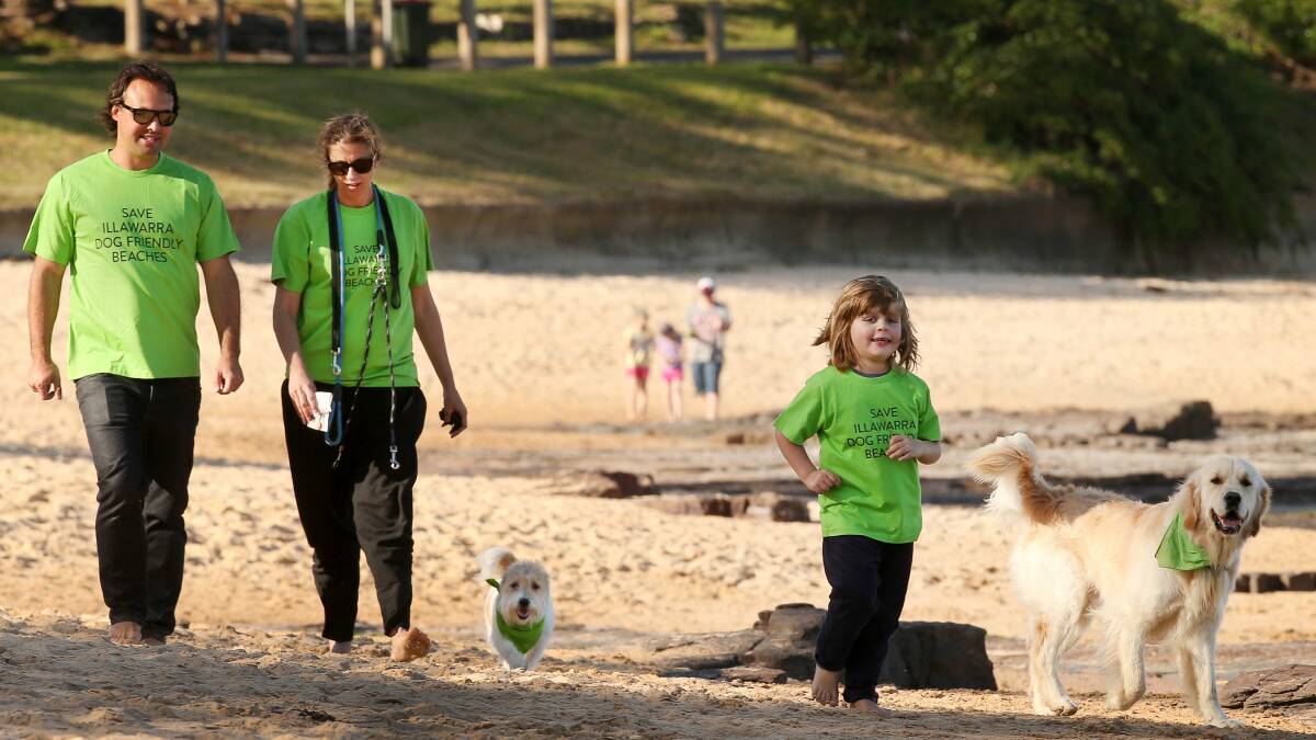 David Hurley, Candice Greenwood and Gus Doyle, 4, with dogs Arthur and Murray on Little Austinmer beach. Picture: KIRK GILMOUR